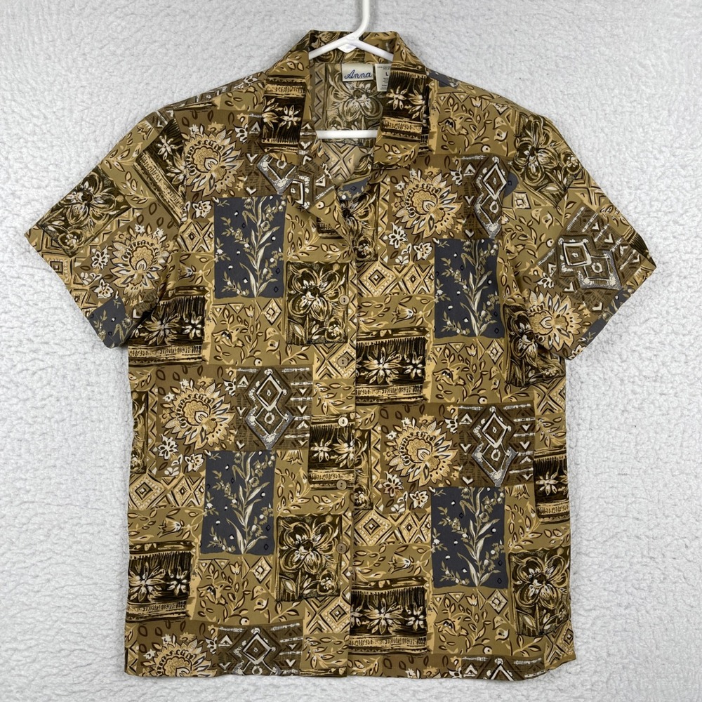 Anna Button Up Shirt Womens‎ Large Brown Floral Patchwork Short Sleeve Vintage